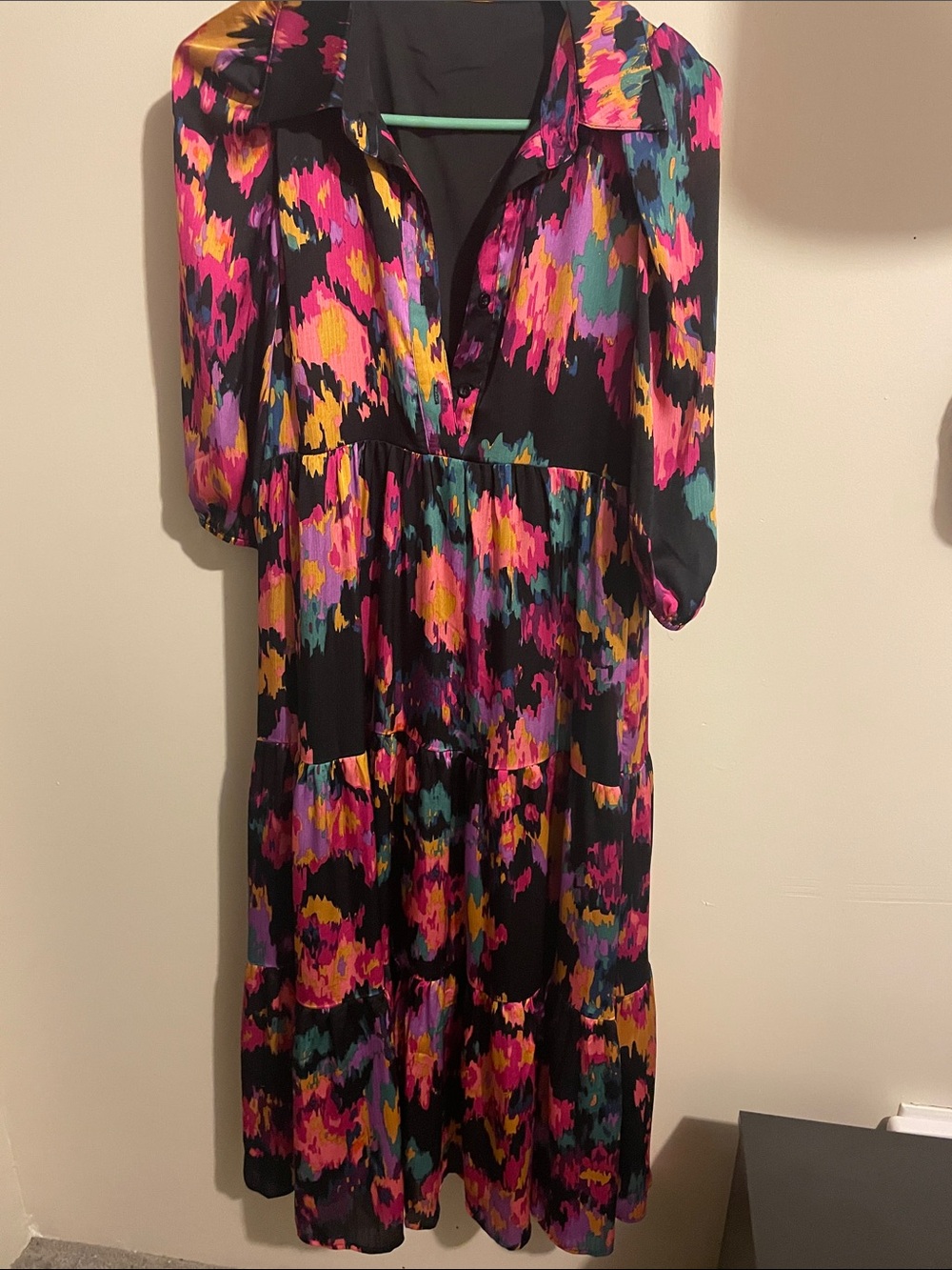 TCEC Black Midi Dress with Pink, Teal & Yellow Floral Print